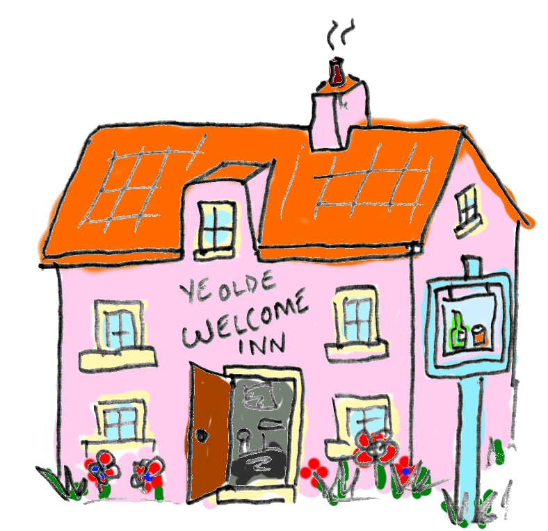 Original hand-drawn illustration of The BOTtle village pub
